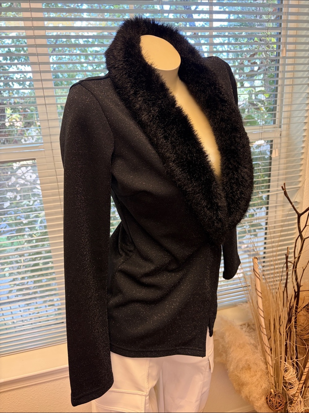 Black Faux Fur Trim Blazer Jacket - Women's Evening Blazer - Picture 2 of 5